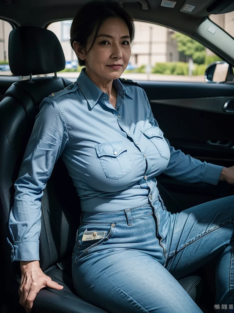 (masterpiece:1.4),(62-year-old woman:1.5),(facial wrinkles 1.2), short hair, smirking, maternal, Mature Woman, (police uniform : 1.3), (light blue shirt, blue pants, breast pocket), sitting in a car