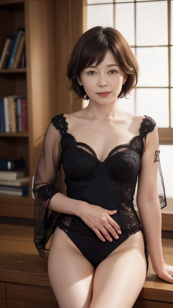 (8k、RAW Photos、Highest quality、masterpiece:1.2、Perfect Anatomy)、(Realistic、Realistic)、1 female、Japanese women、(((Small eyes、With nasolabial folds、Black Hair、short hair、53 years old、Mature Woman、Mother、Incest、Motherと息子のIncest、Obscene)))、((Lingerie、Large Breasts、View from the front))、(((NSFW)))