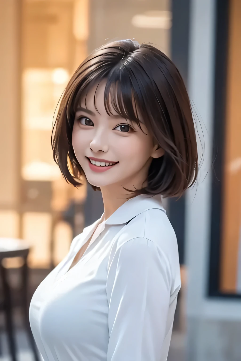 ((masterpiece)), ((Highest quality)), ((Complex)), ((Surreal)), (Realistic), (Mature Woman), ((No classes)), Very detailed, (1 female), Beautiful and exquisite, (Beautiful Teeth), Grin, Brunette Bob Hair, Brown eyes, ((blouse)), (Upper Body), (background:none), Perfect Eyes, Captivating eyes, Looking at the audience