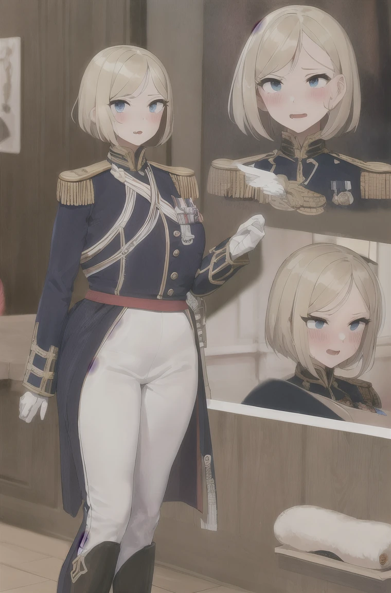 masterpiece, Highest quality, Highest Resolution, Very detailed, One Girl, army_uniform, uniform, Sitting, have, Epaulettes ,army, white_pants, Blue_Jacket,shako have,Napoleon, Infantry Regiment,青 coat, 青 and white hackle, 青 and white plume, Blonde Bob Cut, 青 eyes, Conceit, Apply blush all over the face, Large Breasts, slightly larger hips, Tight waist, In the room,Pussy,Seduce,pussy,濡れたPussy、show、Love juice,Vaginal Hole ,Big Breasts,Excited,Pussy,Pussy