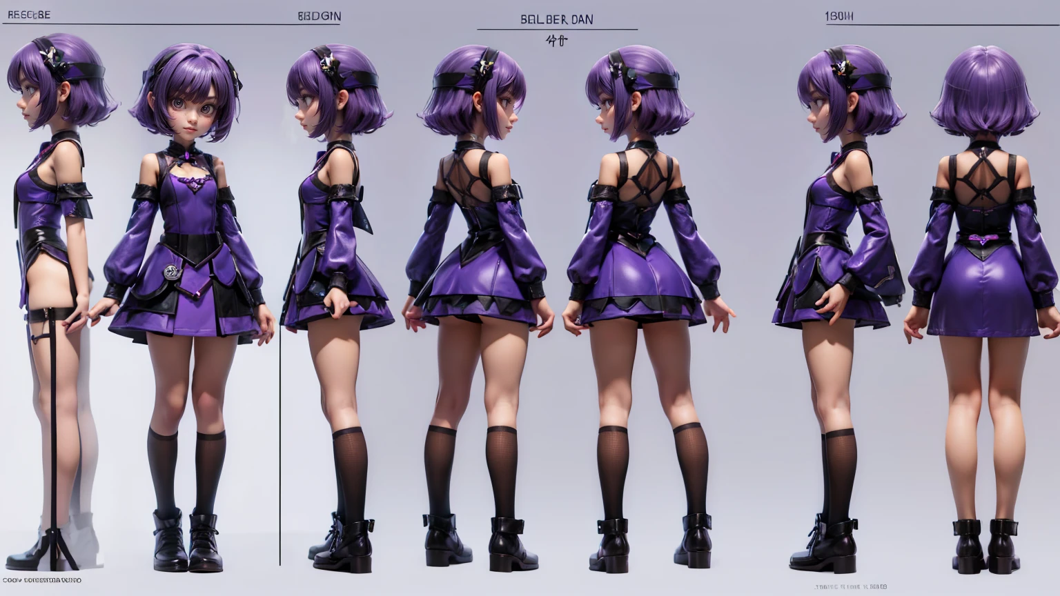 cute girl in a short gaming dress , short hairs, purple hairs, purple dress, gaming , smiling face, short dress full straight standing pose, student, Character Sheet, Full body, modern girl, games girl, Simple white background, character reference sheet, Concept art, design sheet, HD, full body, standing
