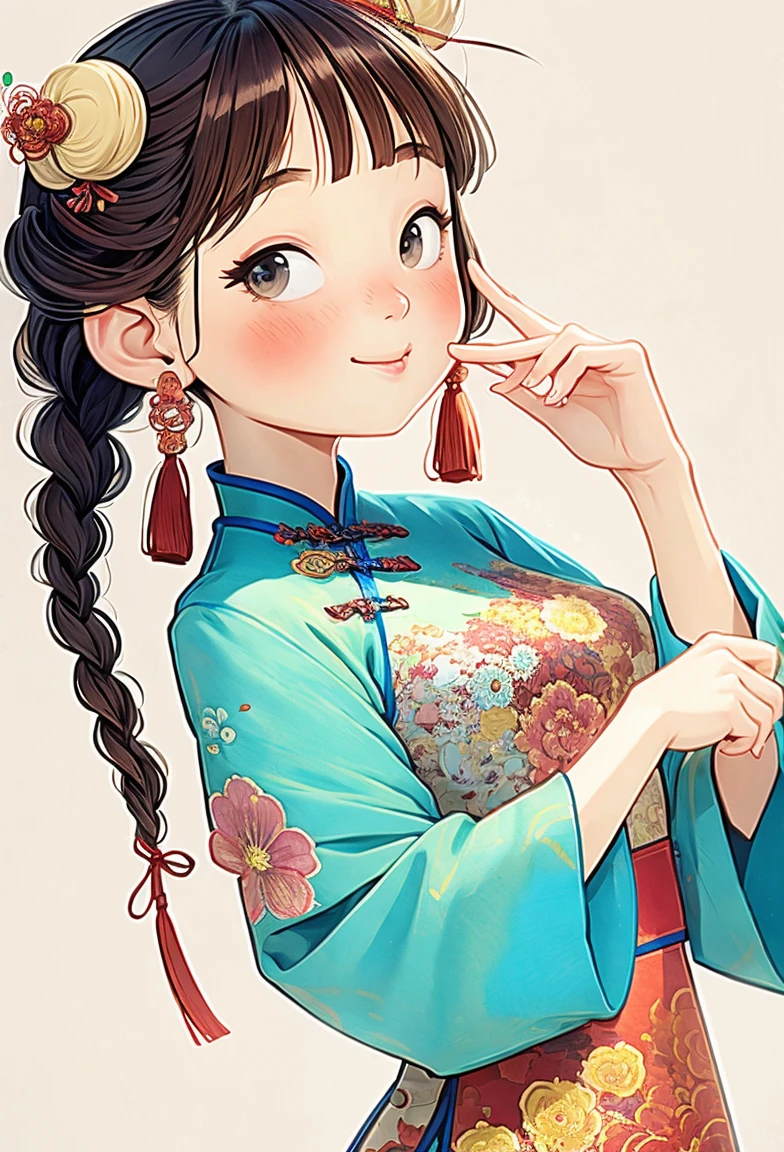 (masterpiece, best quality:1.2), watercolor，Chinese woman with long hair holding a large mooncake in her outstretched hands with a happy expression, illustration style, best details, crayon, cake, crap, stand-up spray, grainy texture, diffuse gradient, blurred edges, rough watercolor paper，cartoonish character design。1 girl, Solitary，big eyes，Cute expression，Two braids，cheongsam，portrait，interesting，interesting，Clear lines，Leave blank，
