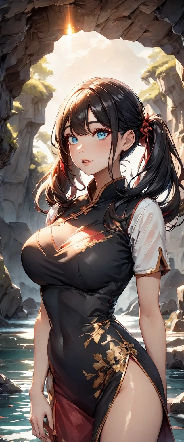 Photo of a woman with natural skin, Upper Body, Seaside cave, The light is shining in, High Twintails, Black hair with red mesh, Sharp eyes with red eyeshadow, Blue-green eyes, Shining eyes, A thin, upturned nose, Well-shaped lips, Big Breasts, ((China dress, Short sleeve)), barefoot, Makeup, Exquisitely crafted with the utmost attention to detail, Vibrant, amazing, Smooth, Cinematic, 4K, Backlight, (()), Shallow depth of field, ((Detailed eyes:1.3, Detailed lips:1.3, high quality, )), masterpiece, Super detailed images, High quality