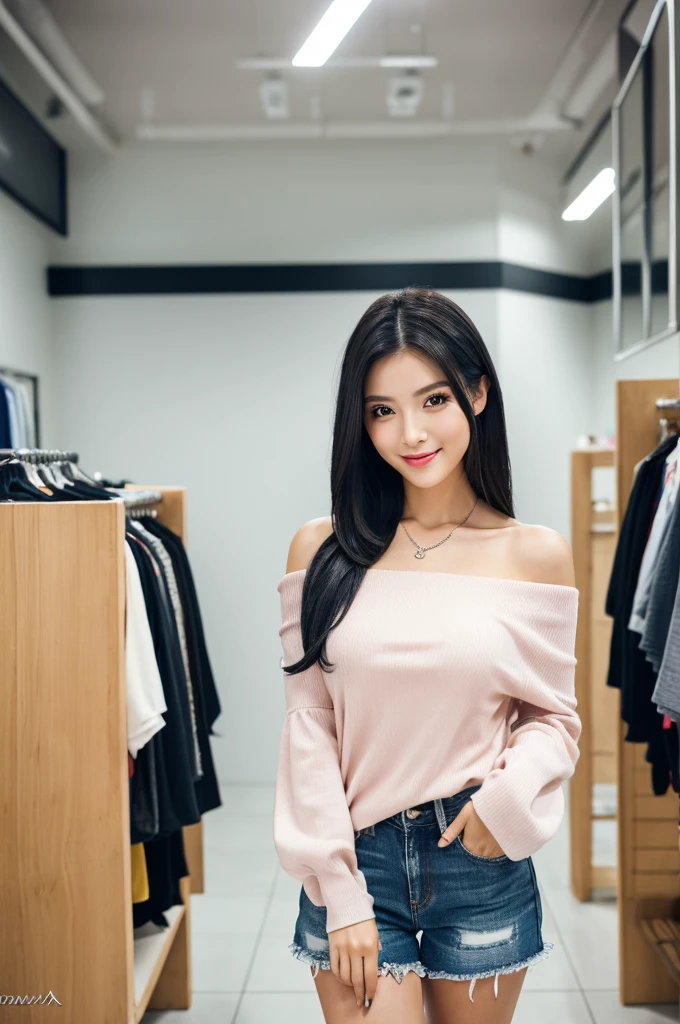 Apparel shop changing room, company employee, ((full body)), ((photo)), ((best qualtiy, 8K, tmasterpiece:1.3)), Focus:1.2, perfect figure beautiful girl:1.4, 1girl, cowboy shot, look at viewer, eyes facing the camera, incredibly absurd, beautiful and cute girl with a photorealistic face, showcasing top-quality craftsmanship, A Japanese woman choosing clothes at an apparel shop, 23 years old, has long, straight, silky black hair, fair skin, big eyes, thin eyebrows, double eyelids, long eyelashes, pink lips, smile, devilish smile, gorgeous features, well-defined facial features, beautiful face line, mysterious beauty, slender, tall, well-balanced proportions, large E-cup breasts, white off-the-shoulder top, denim shorts, wedge sandals, silver necklace and bracelet, pretty girl, beauty, devilish type, pretty older sister, passionate about art, sociable, friendly, positive, has leadership skills, is proactive, is flexible, gets things done efficiently, works hard towards dreams and goals, July