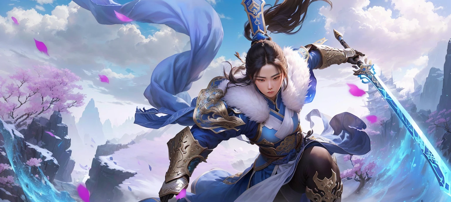 Alafd image，A person wearing blue clothing、Woman holding a sword, heise jinyao, zhao yun, xianxia hero, Inspired by Huang Shen, author：Yang J, G Liulian art style, Inspired by Li Kan, inspired by Guan Daosheng, Inspired by Shen Zhou, Yang Qi, Ruan Jia and Artgerm