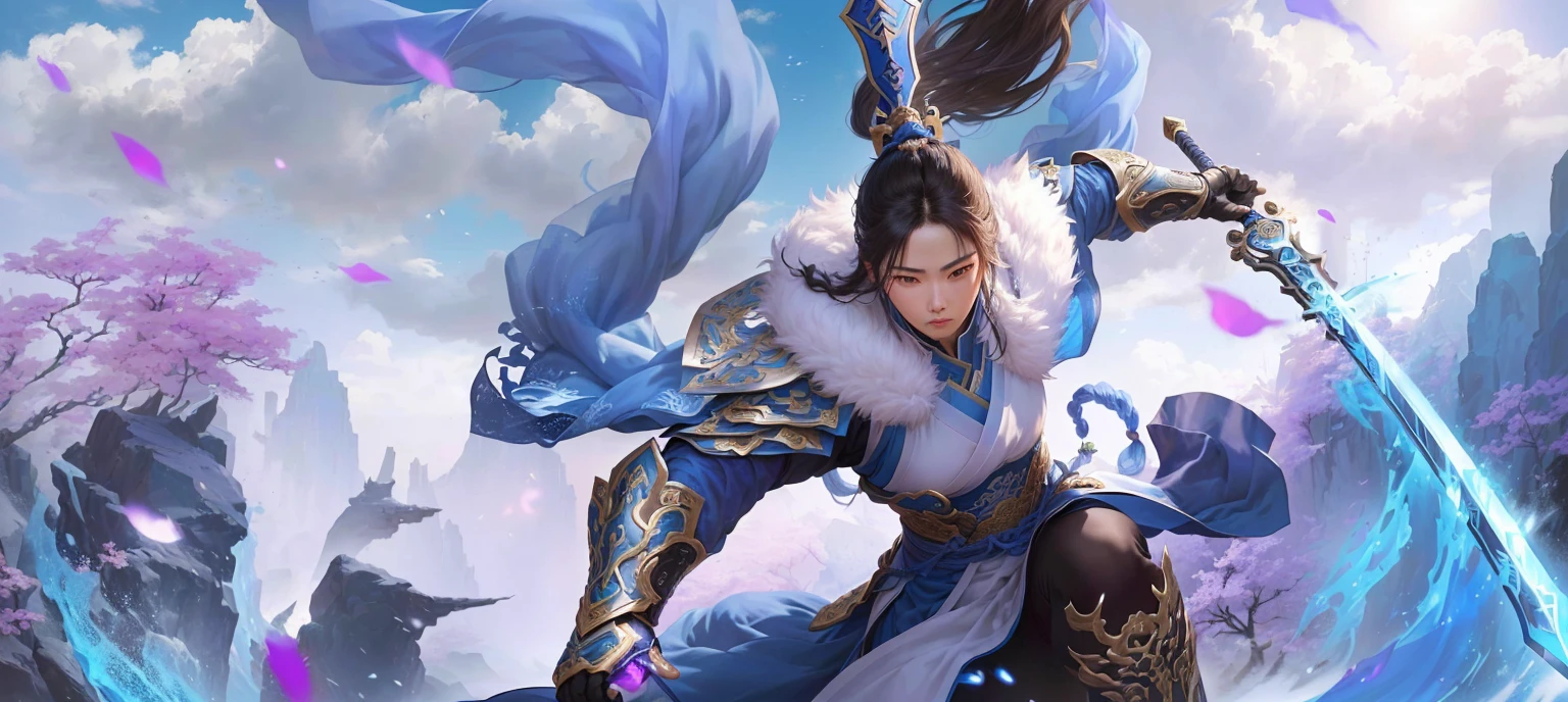 Alafd image,A person wearing blue clothing、Woman holding a sword, heise jinyao, zhao yun, xianxia hero, Inspired by Huang Shen, author:Yang J, G Liulian art style, Inspired by Li Kan, inspired by Guan Daosheng, Inspired by Shen Zhou, Yang Qi, Ruan Jia and Artgerm