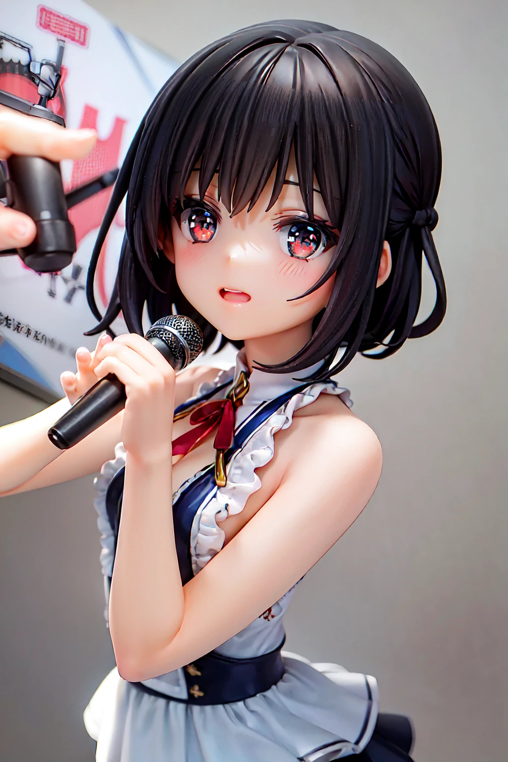 Cute s、is wearing idol costume、Her anime illustration face in soft color palette style、animated gif、Hand-drawn animation、charming sketches、Smooth and shiny background - AR 1:1 - Rainbow 5 - Expressive in style - S 50(Best Quality, masutepiece, Raw photo,Ultra-detailed:1.2),Black hair,Blue Inner Color Bob,Red Eyes,Top image quality,8k,A smile,straight haired, The head is near the center of the screen,frontage,a cute ,from the front side,1 girl in,Wide Angle,Hair is tied in a bun on one side,Short hair,float in the background,a miniskirt,Kamimei,View from above,The upper part of the body, Hold the microphone and sing