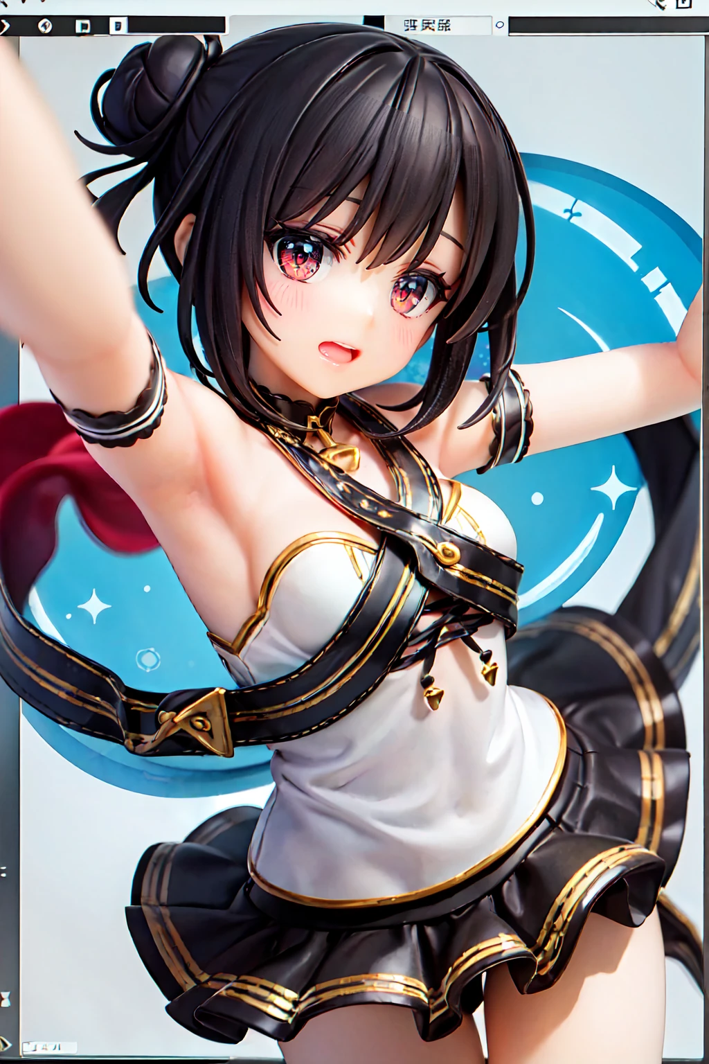Cute s、is wearing idol costume、Her anime illustration face in soft color palette style、animated gif、Hand-drawn animation、charming sketches、Smooth and shiny background - AR 1:1 - Rainbow 5 - Expressive in style - S 50(Best Quality, masutepiece, Raw photo,Ultra-detailed:1.2),Black hair,Blue Inner Color Bob,Red Eyes,Top image quality,8k,A smile,straight haired, The head is near the center of the screen,frontage,a cute ,from the front side,1 girl in,Wide Angle,Hair is tied in a bun on one side,Short hair,float in the background,a miniskirt,Kamimei,View from above,The upper part of the body, Hold the microphone and sing