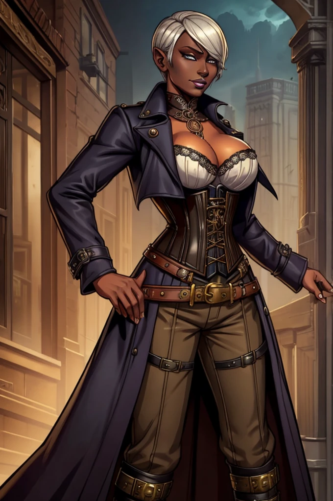 Butch Henchwoman, drow,brass,coat,steampunk,corset,straps