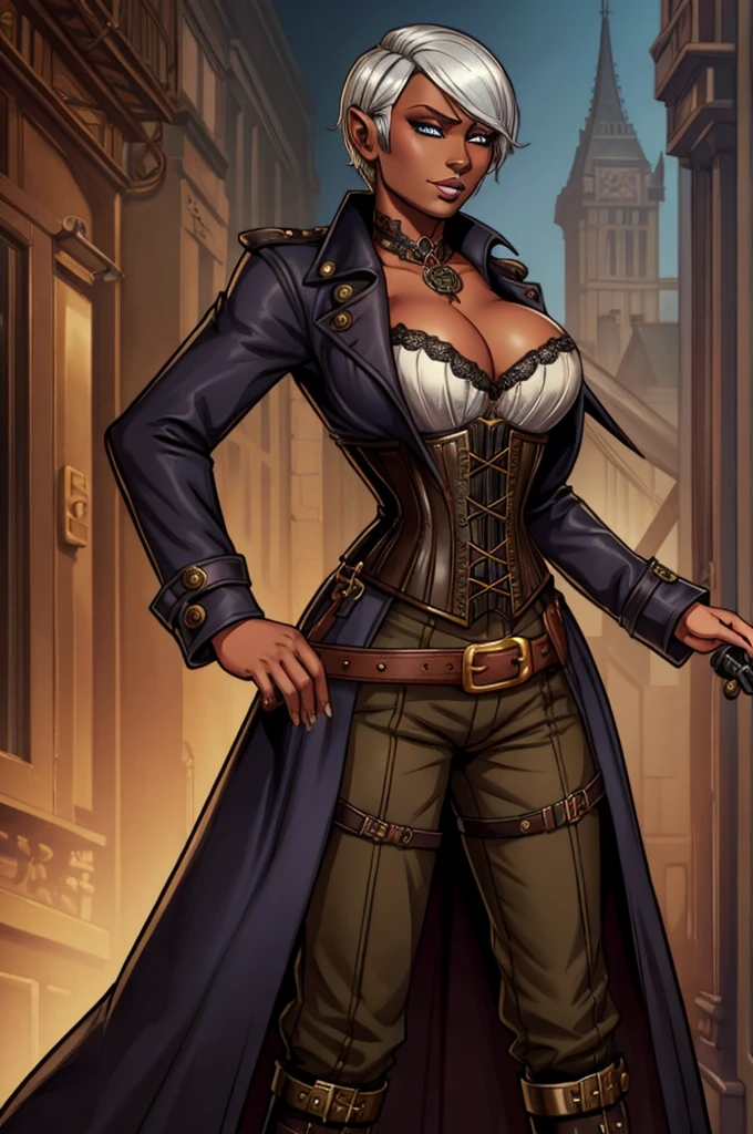 Butch Henchwoman, drow,brass,coat,steampunk,corset,straps
