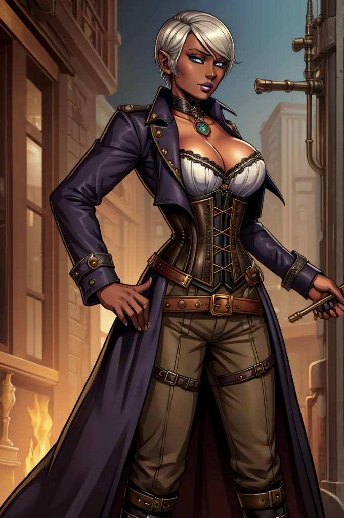 Butch Henchwoman, drow,brass,coat,steampunk,corset,straps