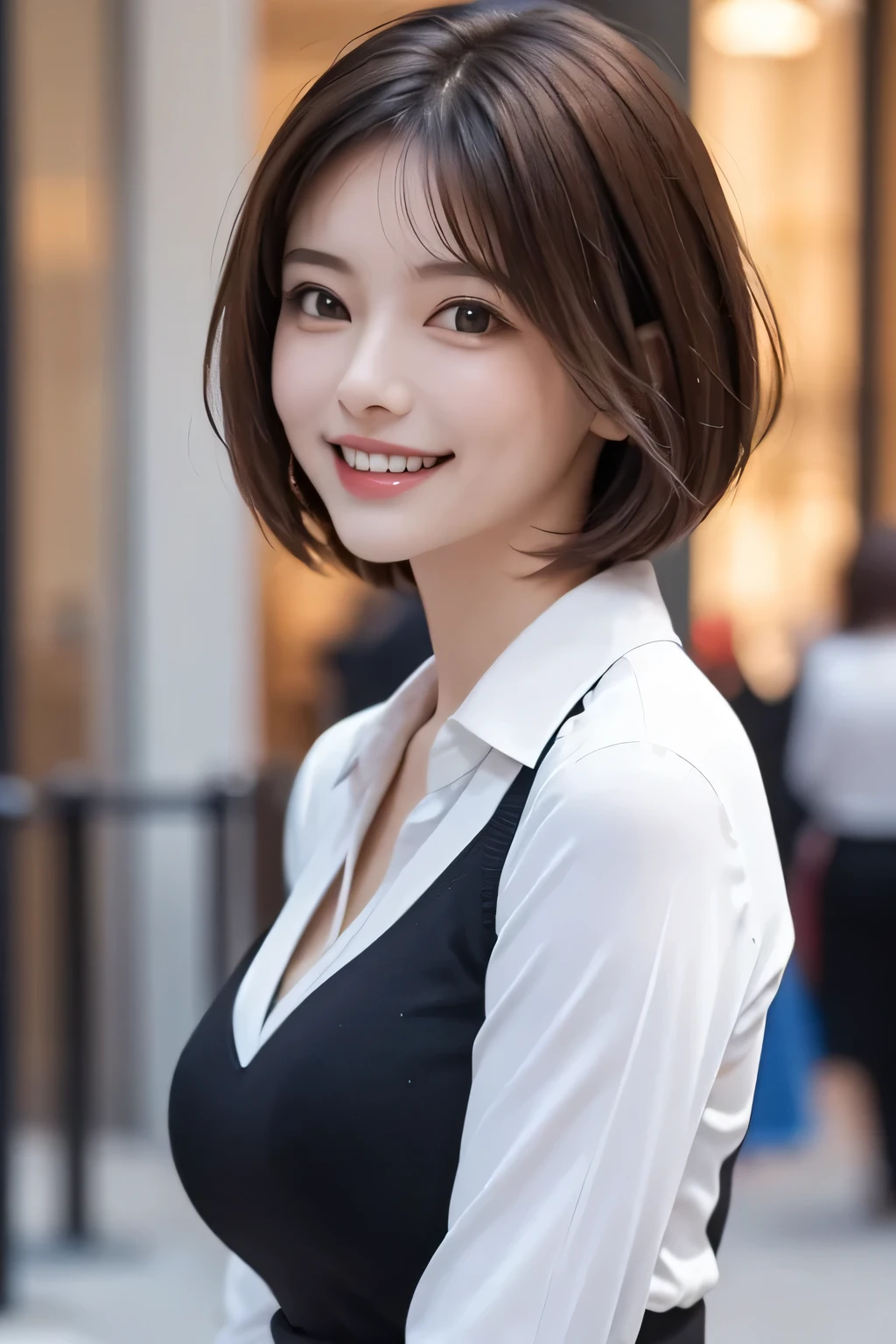 ((masterpiece)), ((Highest quality)), ((Complex)), ((Surreal)), (Realistic), (Mature Woman), ((No classes)), Very detailed, (1 female), Beautiful and exquisite, (Beautiful Teeth), Grin, Brunette Bob Hair, Brown eyes, ((blouse)), (Upper Body), (background:none), Perfect Eyes, Captivating eyes, Looking at the audience
