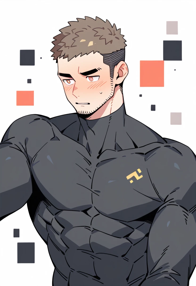 anime characters:Gyee Priapus, Muscle Sports Student, Buzz Cut, Manliness, male focus, Compression bodysuit, Yellow and black high collar long sleeve tight diving suit, Very tight, Regular symmetrical pattern, full and perky chest muscles, muscular male, muscular, only, Upper body, alone, Red short hair, Thick eyebrows, stubble, Brown-red pupils, White background, simple background, amazing quality, best aesthetics, Ridiculous, crew cut, parted lips, flustered, endured face, shy, blush, negative space, negative space, best quality