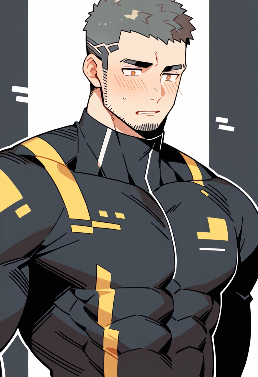 anime characters:Gyee Priapus, Muscle Sports Student, Buzz Cut, Manliness, male focus, Compression bodysuit, Yellow and black high collar long sleeve tight diving suit, Very tight, Regular symmetrical pattern, full and perky chest muscles, muscular male, muscular, only, Upper body, alone, Red short hair, Thick eyebrows, stubble, Brown-red pupils, White background, simple background, amazing quality, best aesthetics, Ridiculous, crew cut, parted lips, flustered, endured face, shy, blush, negative space, negative space, best quality