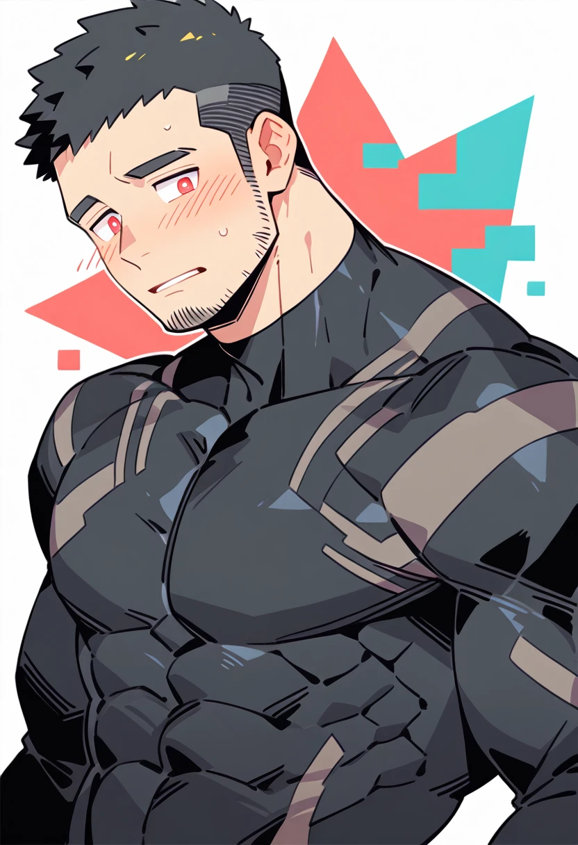 anime characters：Gyee Priapus, Muscle Sports Student, Buzz Cut, Manliness, male focus, Compression bodysuit, Yellow and black high collar long sleeve tight diving suit, Very tight, Regular symmetrical pattern, full and perky chest muscles, muscular male, muscular, only, Upper body, alone, Red short hair, Thick eyebrows, stubble, Brown-red pupils, White background, simple background, amazing quality, best aesthetics, Ridiculous, crew cut, parted lips, flustered, endured face, shy, blush, negative space, negative space, best quality