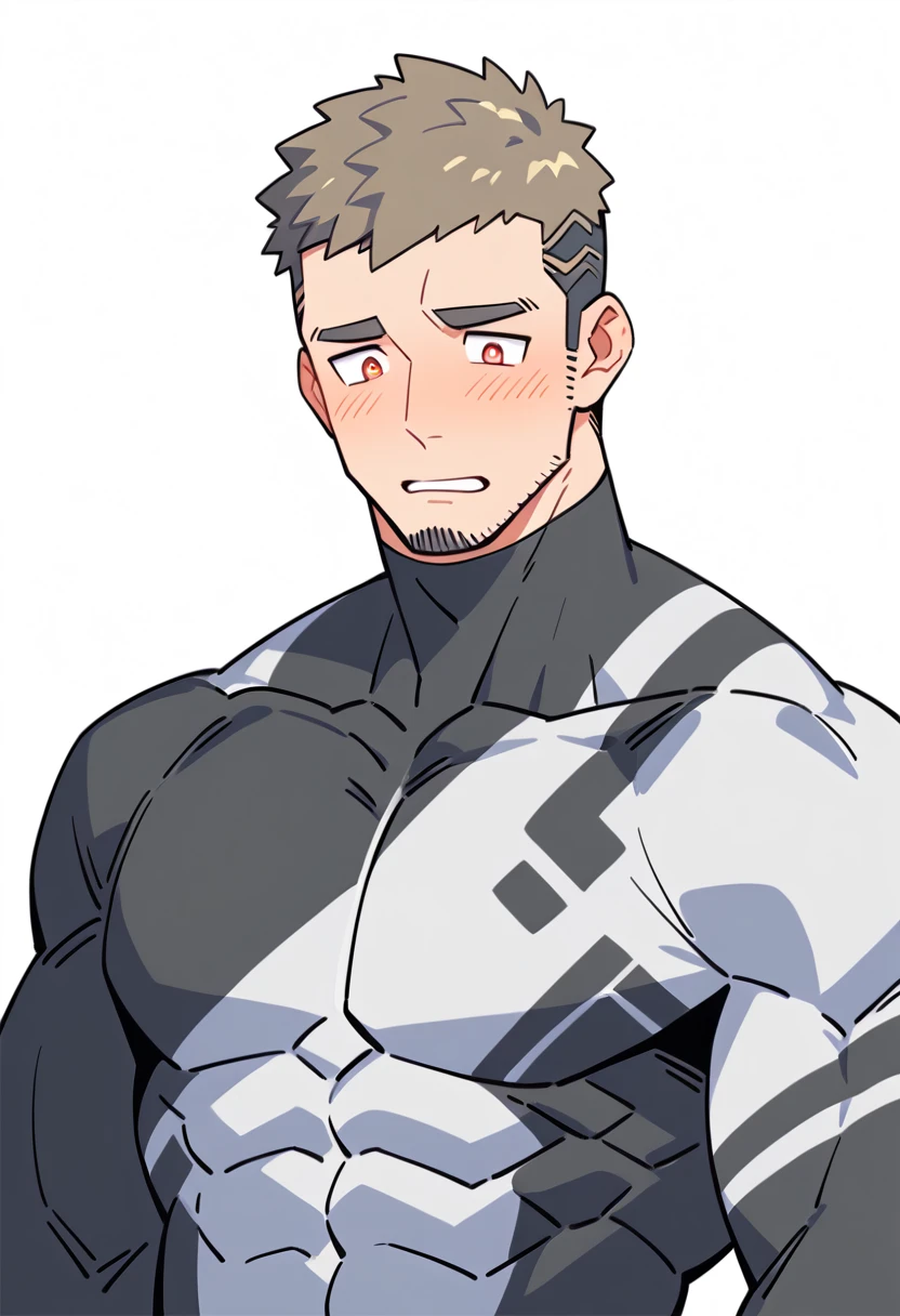 anime characters:Gyee Priapus, Muscle Sports Student, Buzz Cut, Manliness, male focus, Compression bodysuit, Yellow and black high collar long sleeve tight diving suit, Very tight, Regular symmetrical pattern, full and perky chest muscles, muscular male, muscular, only, Upper body, alone, Red short hair, Thick eyebrows, stubble, Brown-red pupils, White background, simple background, amazing quality, best aesthetics, Ridiculous, crew cut, parted lips, flustered, endured face, shy, blush, negative space, negative space, best quality