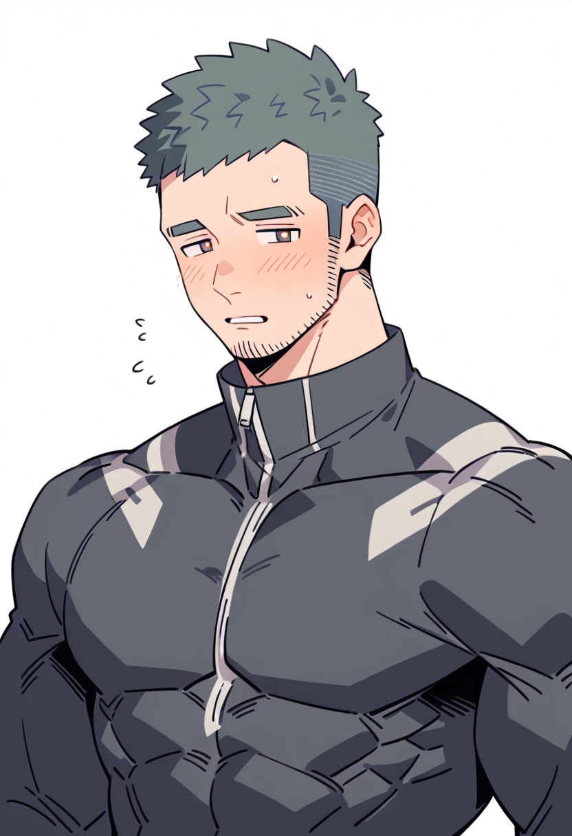 anime characters：Gyee Priapus, Muscle Sports Student, Buzz Cut, Manliness, male focus, Compression bodysuit, Yellow and black high collar long sleeve tight diving suit, Very tight, Regular symmetrical pattern, full and perky chest muscles, muscular male, muscular, only, Upper body, alone, Red short hair, Thick eyebrows, stubble, Brown-red pupils, White background, simple background, amazing quality, best aesthetics, Ridiculous, crew cut, parted lips, flustered, endured face, shy, blush, negative space, negative space, best quality