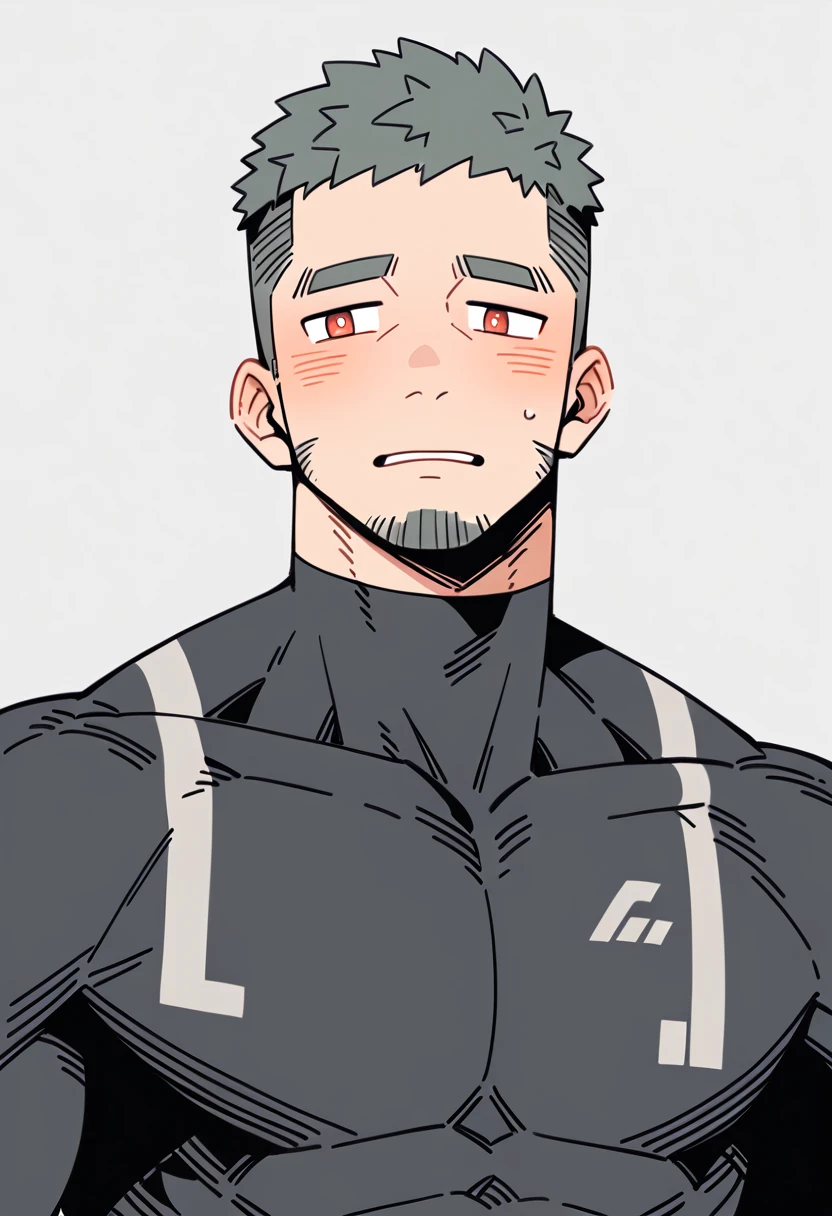 anime characters:Gyee Priapus, Muscle Sports Student, Buzz Cut, Manliness, male focus, Compression bodysuit, Yellow and black high collar long sleeve tight diving suit, Very tight, Regular symmetrical pattern, full and perky chest muscles, muscular male, muscular, only, Upper body, alone, Red short hair, Thick eyebrows, stubble, Brown-red pupils, White background, simple background, amazing quality, best aesthetics, Ridiculous, crew cut, parted lips, flustered, endured face, shy, blush, negative space, negative space, best quality