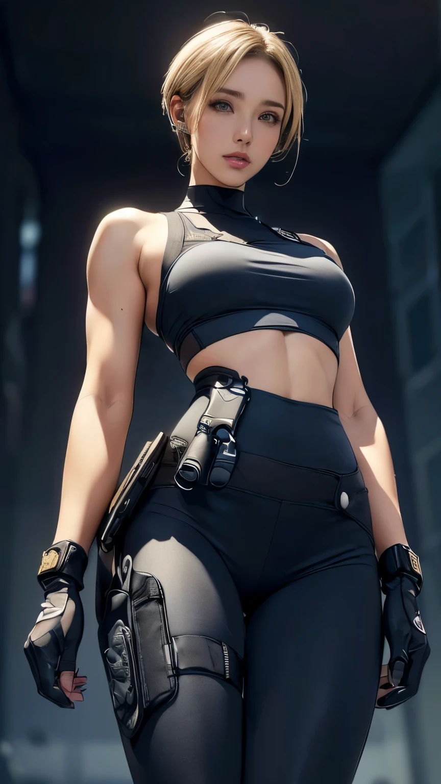 (A woman),(((Future female police officer standing))),((Navy Tactical Leggings:1.5)),((earphone:1.5)),((Tactical Holster:1.5)),(Gloves:1.5),(Serious:1.5),(Super short hair:1.5),(Blonde:1.5),(beautiful eyes:1.3),(Very detailedな顔:1.5),((Very detailed drawing of a female hand:1.5)),((muscular:1.5)),(Sexy appearance:1.5),((Thick thighs:1.5)),(Beautiful Body:1.5),((Very sensual:1.5)),(The backdrop is a futuristic city:1.5),(Cyberpunk atmosphere:1.5),(((Blurred background:1.5))),(Written border depth:1.5),rest(((masterpiece:1.5),(best quality:1.5),(Very detailed:1.5),(high resolution:1.5),(Practical:1.5),(Practical:1.5),(Delicate depiction),(carefully drawn))),8K,wallpaper,(From below:1.2),