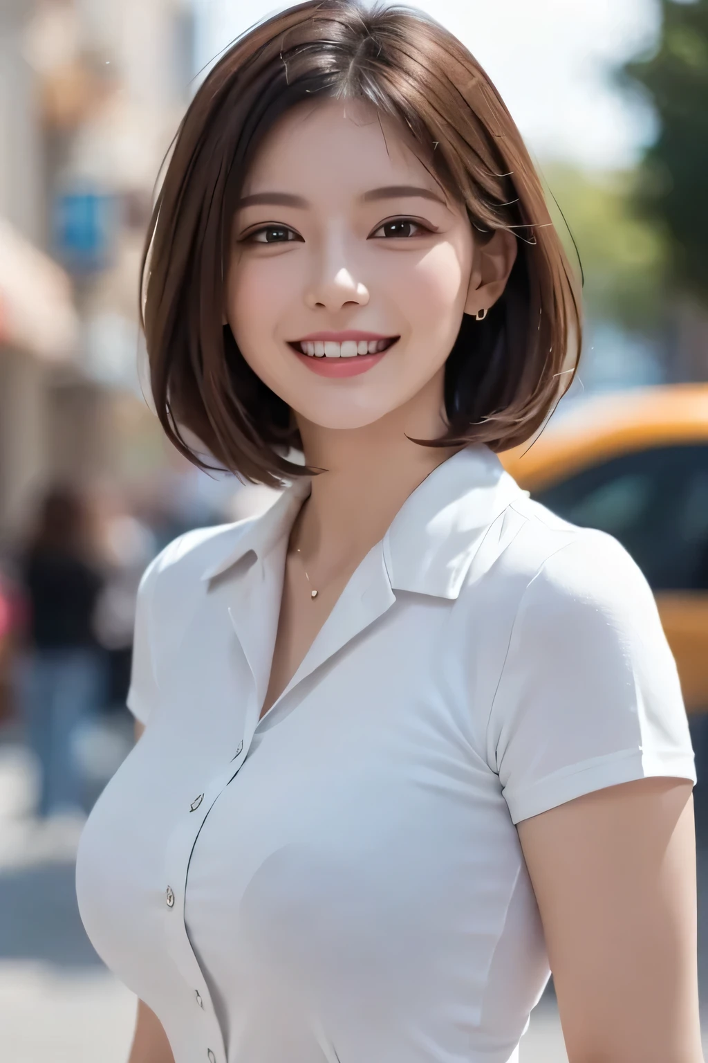((masterpiece)), ((Highest quality)), ((Complex)), ((Surreal)), (Realistic), (Mature Woman), ((No classes)), Very detailed, (1 female), Beautiful and exquisite, (Beautiful Teeth), Grin, Brunette Bob Hair, Brown eyes, ((blouse)), (Upper Body), (background:none), Perfect Eyes, Captivating eyes, Looking at the audience