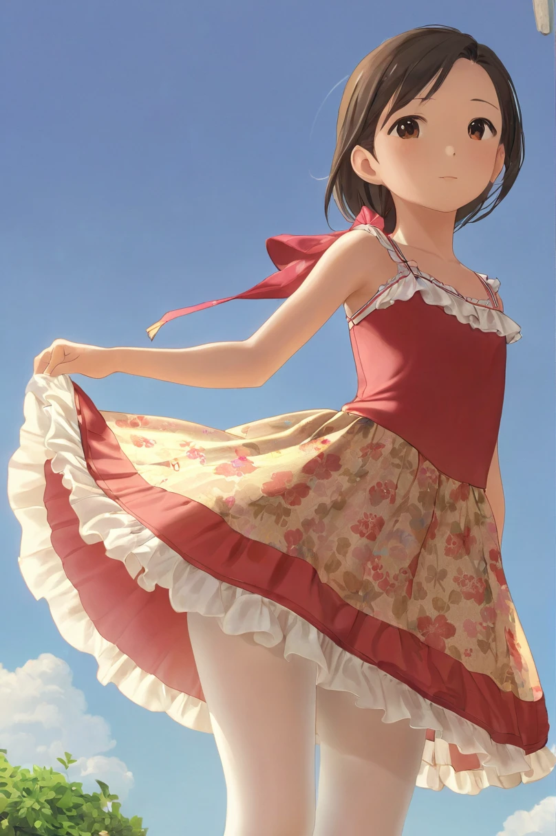 10 year old girl underwear, Minase Iori、Realistic bloomers made from patterned cotton fabric, Idol one-piece dress with panniers, Fabric Realism, Low - Angle, I see bloomers, Pull up the dress by hand, Strong winds, Translucent slip, Translucent slip, tights, Highest quality,  whole body、