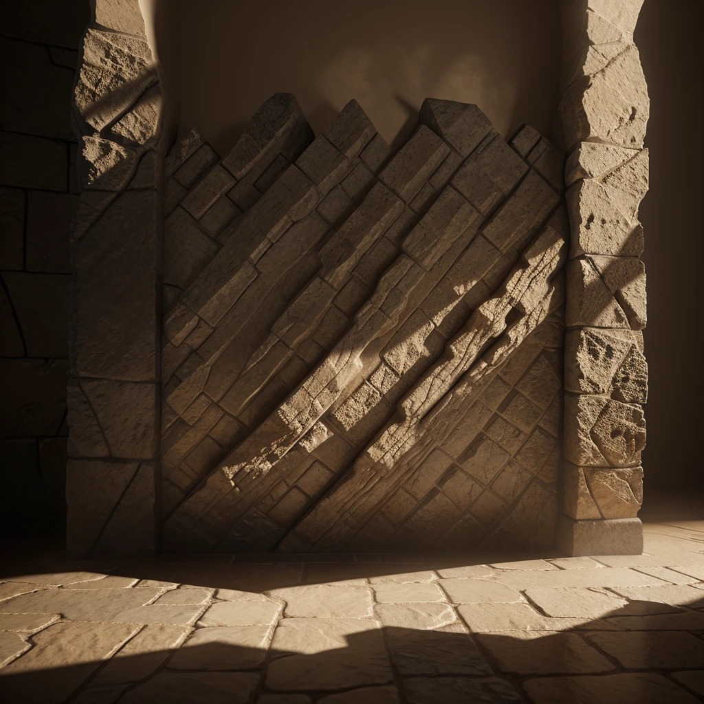 a highly detailed and realistic 3D render of the masterpiece texture of the Gog Magog wall, extremely fine details, intricate patterns, natural imperfections, rough stone surface, warm lighting, photorealistic, cinematic composition, volumetric fog, dramatic shadows, muted earthy color palette, chiaroscuro lighting