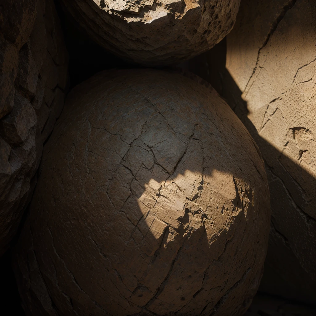 a highly detailed and realistic 3D render of the masterpiece texture of the Gog Magog wall, extremely fine details, intricate patterns, natural imperfections, rough stone surface, warm lighting, photorealistic, cinematic composition, volumetric fog, dramatic shadows, muted earthy color palette, chiaroscuro lighting