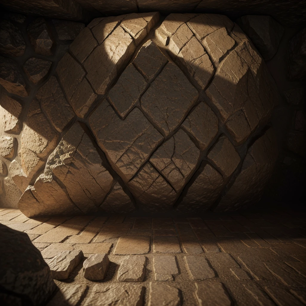 a highly detailed and realistic 3D render of the masterpiece texture of the Gog Magog wall, extremely fine details, intricate patterns, natural imperfections, rough stone surface, warm lighting, photorealistic, cinematic composition, volumetric fog, dramatic shadows, muted earthy color palette, chiaroscuro lighting