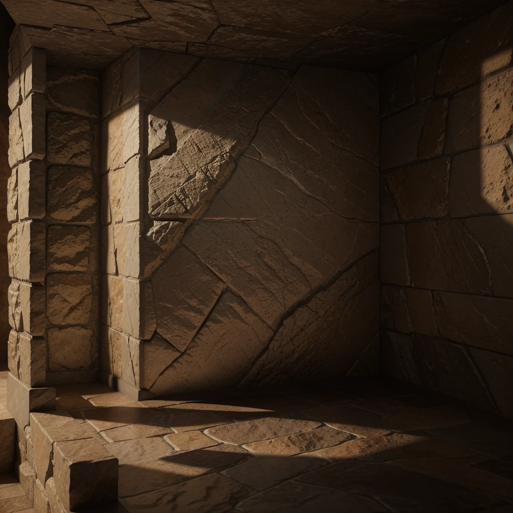 a highly detailed and realistic 3D render of the masterpiece texture of the Gog Magog wall, extremely fine details, intricate patterns, natural imperfections, rough stone surface, warm lighting, photorealistic, cinematic composition, volumetric fog, dramatic shadows, muted earthy color palette, chiaroscuro lighting