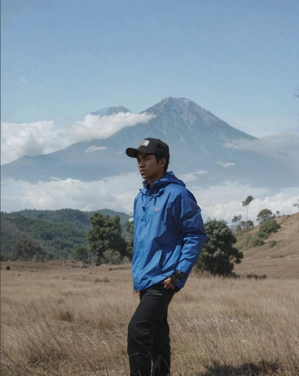 Cinematic nature photo of a young Indonesian man standing on a height with a backdrop of mountains and trees, HD realistic real photography