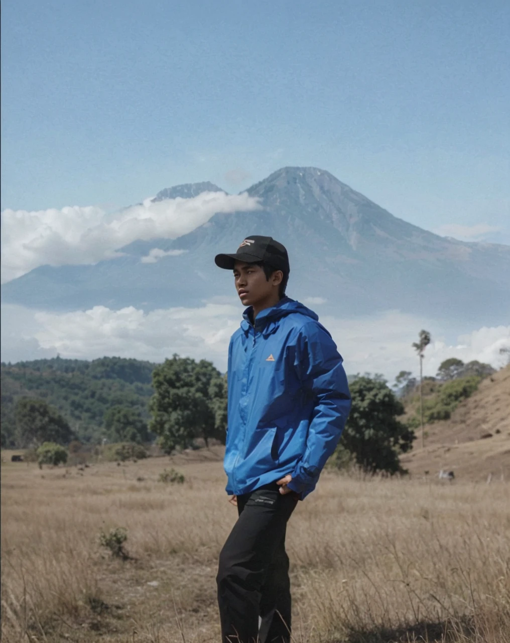 Cinematic nature photo of a young Indonesian man standing on a height with a backdrop of mountains and trees, HD realistic real photography