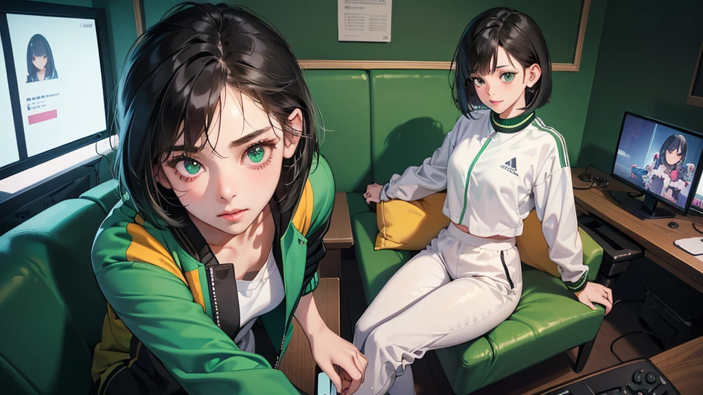 (perfect anatomy:1.2)(absurdres, highres, ultra detailed),masterpiece,best quality,high resolution,8k,Realistic face,Realistic skin texture,magnified textures, stunning clarity,detailed anime girl,(ultra detailed eyes and face),(1 girl:1.4)21years old,she is office worker,,black hair, bob cut, No-makeup look,,(green school track jacket:1.2),(white school track pants),white t-thirt,(The chest is visible),11 p.m,sparkling eyes,small nose,roundface,Women's Apartments in japanese suburb,(faint light),(darkness),(midnight),(sitting a gaming chiar:1.4),(happy),