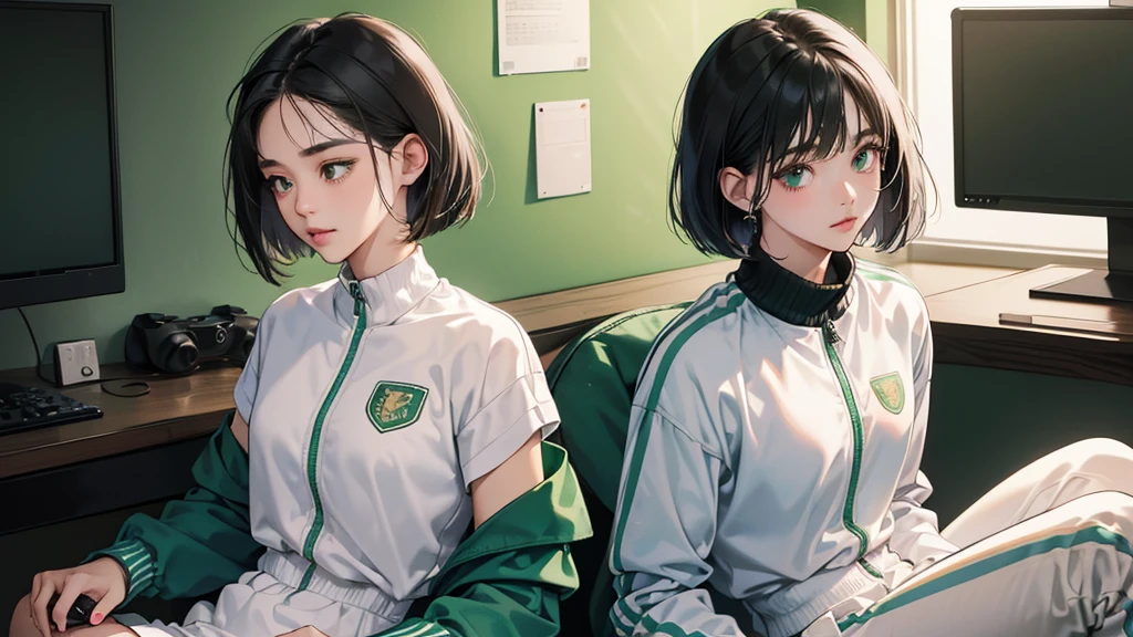 (perfect anatomy:1.2)(absurdres, highres, ultra detailed),masterpiece,best quality,high resolution,8k,Realistic face,Realistic skin texture,magnified textures, stunning clarity,detailed anime girl,(ultra detailed eyes and face),(1 girl:1.4)21years old,she is office worker,,black hair, bob cut, No-makeup look,,(green school track jacket:1.2),(white school track pants),white t-thirt,(The chest is visible),11 p.m,sparkling eyes,small nose,roundface,Women's Apartments in japanese suburb,(faint light),(darkness),(midnight),(sitting a gaming chiar:1.4),(happy),