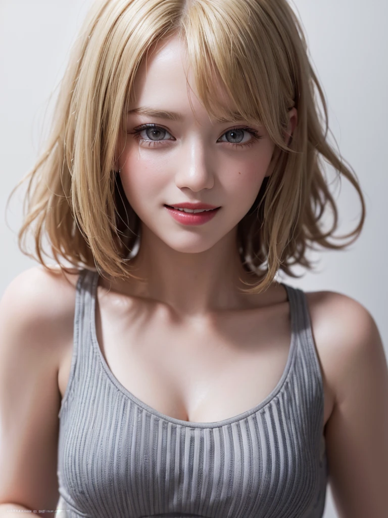 (Highest quality、8k、32K、masterpiece)、(Realistic)、(Realistic:1.2)、(High resolution)、Very detailed、Very beautiful face and eyes、1 girl、Round and small face、Tight waist、Delicate body、(close、Highest quality、Attention to detail、Rich skin detail)、(Highest quality、8k、Oil paints:1.2)、(Realistic、Realistic:1.37)、Bright colors、(((blonde)))、(((Bust Shot)))、(((Medium Hair)))、(((Loose and fluffy perm)))、(((Pure white wall background)))、(((Touch your lips with your left hand)))、(((Laughter)))、(((blonde)))、(((Striped tank top)))、(((grey and white tank top)))、(((Gray streaks々Clothes)))