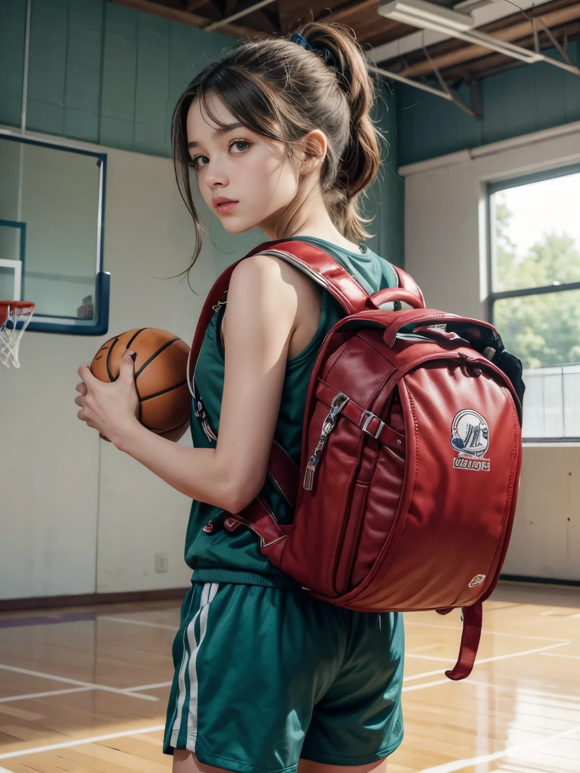 Masterpiece, hd, realistic, 1girl,17 y.o, tall height body, brown hair, ponytail, wear basketball team tanktop, basketball shortpants, white socks, basketball shoes, indoor, basketball court, basketball, wearing randoseru backpack, (backpack:1.2)