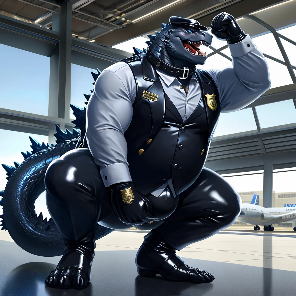 Solo, Male, fat, squatting, extremely obese, gentleman, dapper Godzilla, pooping in diaper, blue eyes, (soft shading), 4k, hi res, ((detailed face, detailed)), looking at viewer, evil grin, Airport, TSA, TSA Uniform, collared shirt with ons, hat, male focus, Police Uniform, glasses, monocle, vest with butt sleeves rolled up, round eyewear, headwear, vest, Godzilla is wearing a glossy leather dog collar around the neck, Godzilla is wearing the leather collar and shirt and vest at the same time, Godzilla is wearing glossy white rubber gloves on the hands, wearing white rubber gloves on the feet, gloves are rubber in texture, mouth wide open, evil laugh, clenching fists, leather collar is glossy and shiny with a lot of detail, Godzilla is wearing gloves and leather collar at the same time, leather collar has a round dog-tag, leather collar is thick and detailed, white rubber gloves on the feet, Godzilla is wearing gloves and leather collar at the same time, leather collar has a round dog-tag, leather collar is thick and detailed, leather collar is glossy and shiny, fancy clothing, dapper vest, dapper shirt, leather collar is thick, glossy leather collar, Godzilla is wearing a dirty diaper
