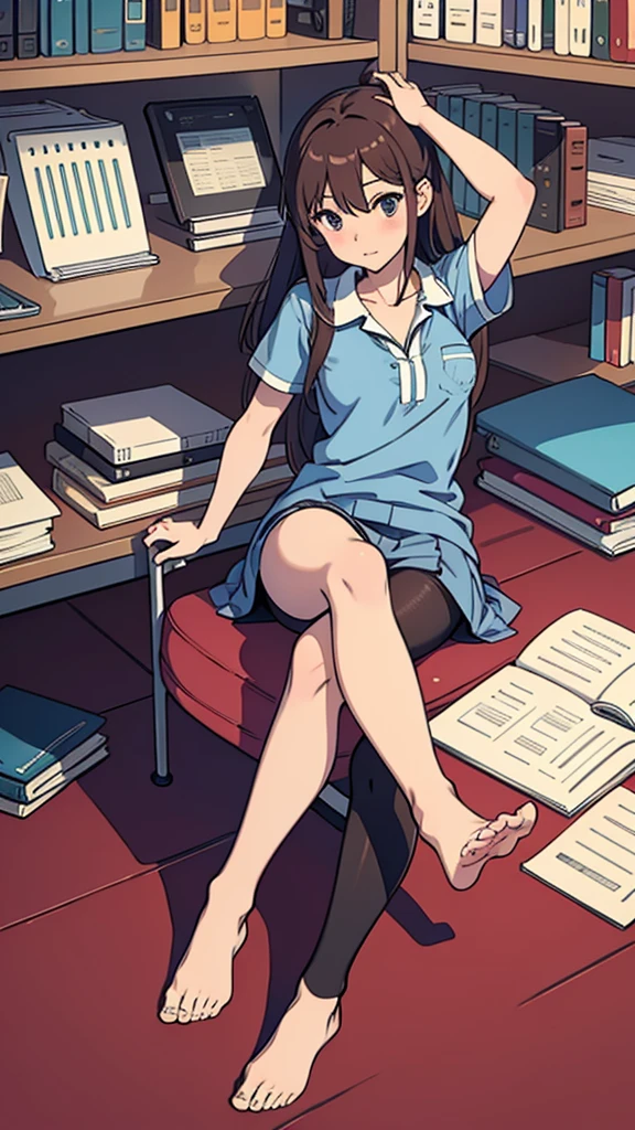 Sitting,I stretched my legs,Pantyhose,shirt,high school girl,library,barefoot,shoes removed