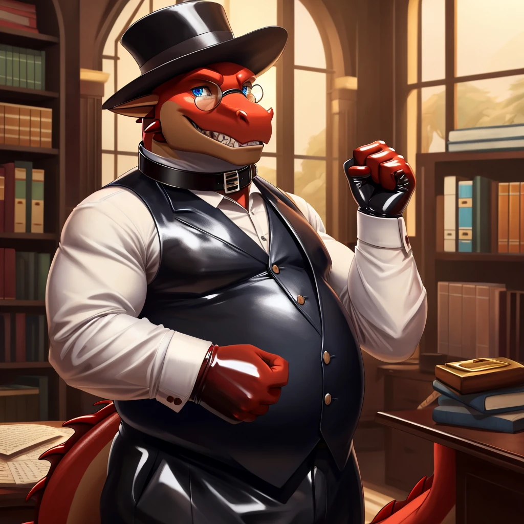Solo, Male, fat, extremely obese, gentleman, dapper Professor Dragon, mob boss, blue eyes, (posing:1.3), (soft shading), 4k, hi res, ((detailed face, detailed)), looking at viewer, mouth wide open, dapper clothing, collared shirt with buttons, bowler hat, male focus, Explorer Outfit, glasses, monocle, vest with buttons, sleeves rolled up, round eyewear, brown headwear, brown vest, office, Dragon is wearing a glossy leather dog collar around the neck, Dragon is wearing the leather collar and shirt and vest at the same time, Dragon is wearing glossy white rubber gloves on the hands, wearing white rubber gloves on the feet, gloves are rubber in texture, clenching teeth, clenching fists, leather collar is glossy and shiny with a lot of detail, Dragon is wearing gloves and leather collar at the same time, leather collar has a round dog-tag, leather collar is thick and detailed, leather collar is glossy and shiny, fancy clothing, dapper vest, dapper shirt, leather collar is thick, glossy leather collar.