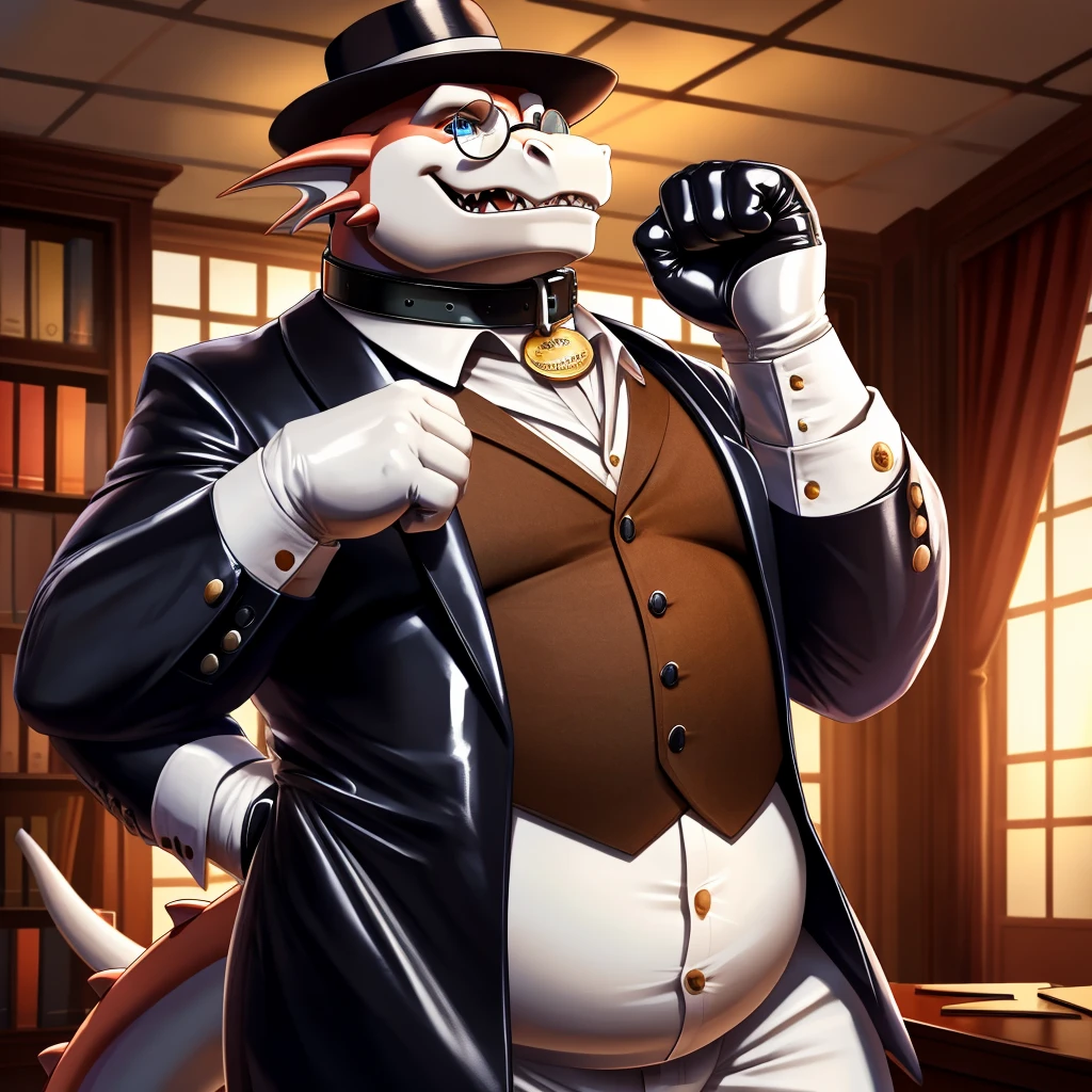 Solo, Male, fat, extremely obese, gentleman, dapper Professor Dragon, mob boss, blue eyes, (posing:1.3), (soft shading), 4k, hi res, ((detailed face, detailed)), looking at viewer, mouth wide open, dapper clothing, collared shirt with buttons, bowler hat, male focus, Explorer Outfit, glasses, monocle, vest with buttons, sleeves rolled up, round eyewear, brown headwear, brown vest, office, Dragon is wearing a glossy leather dog collar around the neck, Dragon is wearing the leather collar and shirt and vest at the same time, Dragon is wearing glossy white rubber gloves on the hands, wearing white rubber gloves on the feet, gloves are rubber in texture, clenching teeth, clenching fists, leather collar is glossy and shiny with a lot of detail, Dragon is wearing gloves and leather collar at the same time, leather collar has a round dog-tag, leather collar is thick and detailed, leather collar is glossy and shiny, fancy clothing, dapper vest, dapper shirt, leather collar is thick, glossy leather collar.