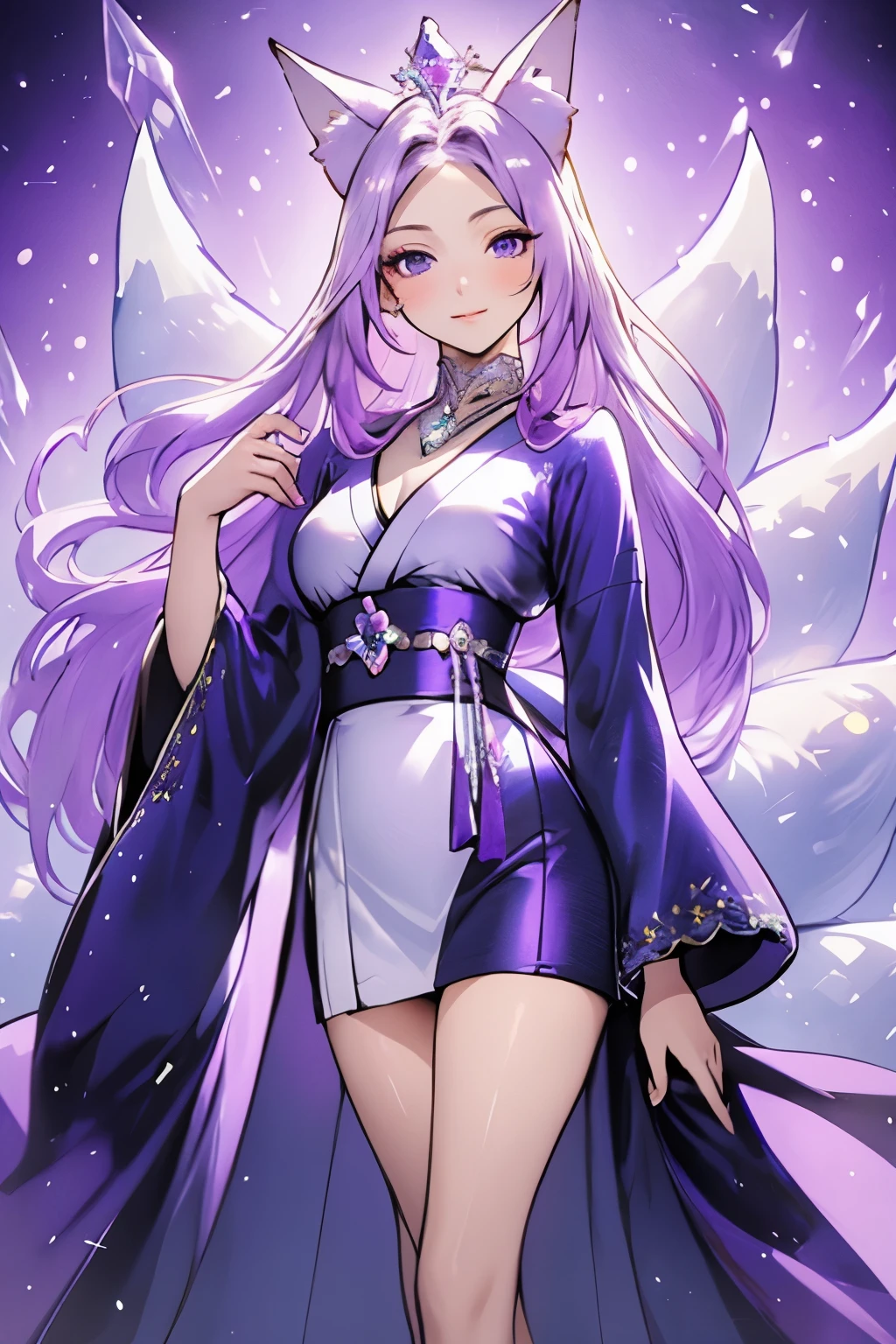 ((best quality)), ((masterpiece)), (detailed), detailed eyes, detailed hands, full-length image, female humanoid kitsune, standing, short length kimono that reaches up to her thighs, crystal crown on top of her head, light purple hair, light purple fox ears, detailed crystal fox tails, 1 crystal star on her forehead, delicate and beautiful detailing, beautiful face, well-proportioned detailed purple eyes, round detailed purple eyes and makeup, beautiful detailed and clear purple eyes, volume smooth and sharp, long flat bangs, fictional art, best photos, best quality, very beautiful and meticulous crystal star on forehead, delicate, mouth closed smile, not fully smiling