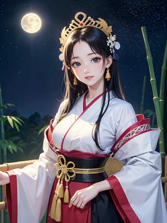 (Highest quality、 8k wallpaper、masterpiece、High resolution)、Vibrant colors、The Tale of the Bamboo Cutter、The Tale of Princess Kaguya、Elegant and beautiful woman with long black hair、A kind look、Smile on the lips、Traditional costumes of Japan、12 Single layer costume、whole body、Detailed Background、(Moso bamboo, starry sky and full moon)、Detailed digital art、