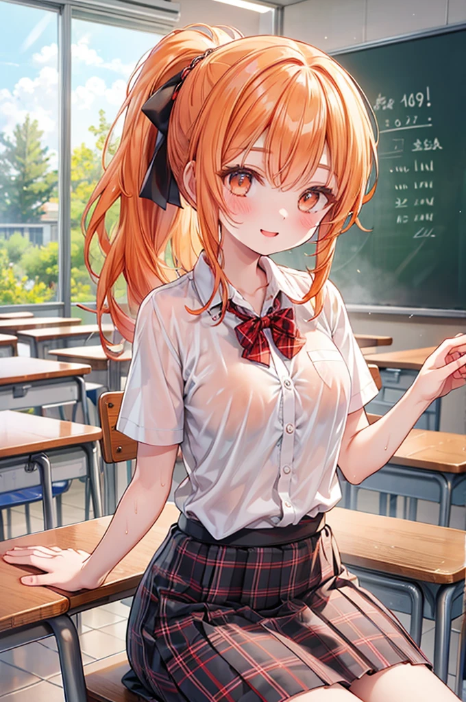 masterpiece, best quality, nsfw,
1girl, summer , plaid skirt, orange hair, ponytail, smile, from front,
wet body, classroom,