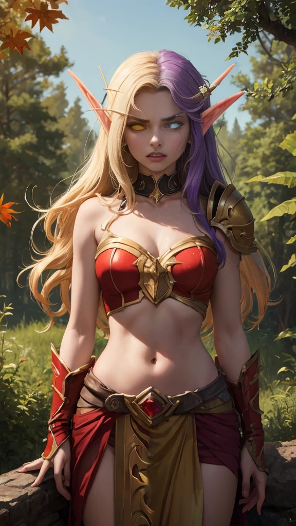 (Masterpiece, highly detailed, highly quality,  highly resolutions), SplitScreen, split screen, BREAK nightelf, angry, clenched teeth, glowing eyes, blue eyes, Purple Hair, colored skin, mature female, purple midriff, navel, purple spike shoulder pad, platinum trim, green leaves, jewelry, looking at viewer, forest, night, bare shoulders, spring season