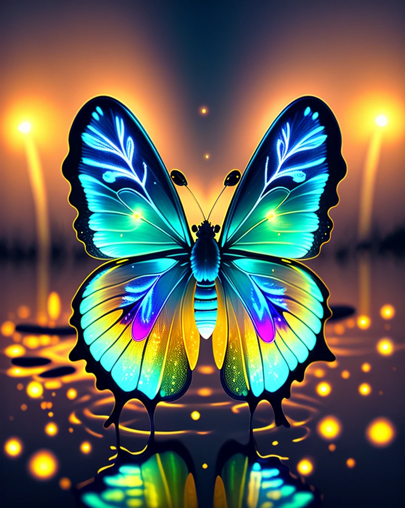 bioluminiscent butterfly on water, fireflies, 4k