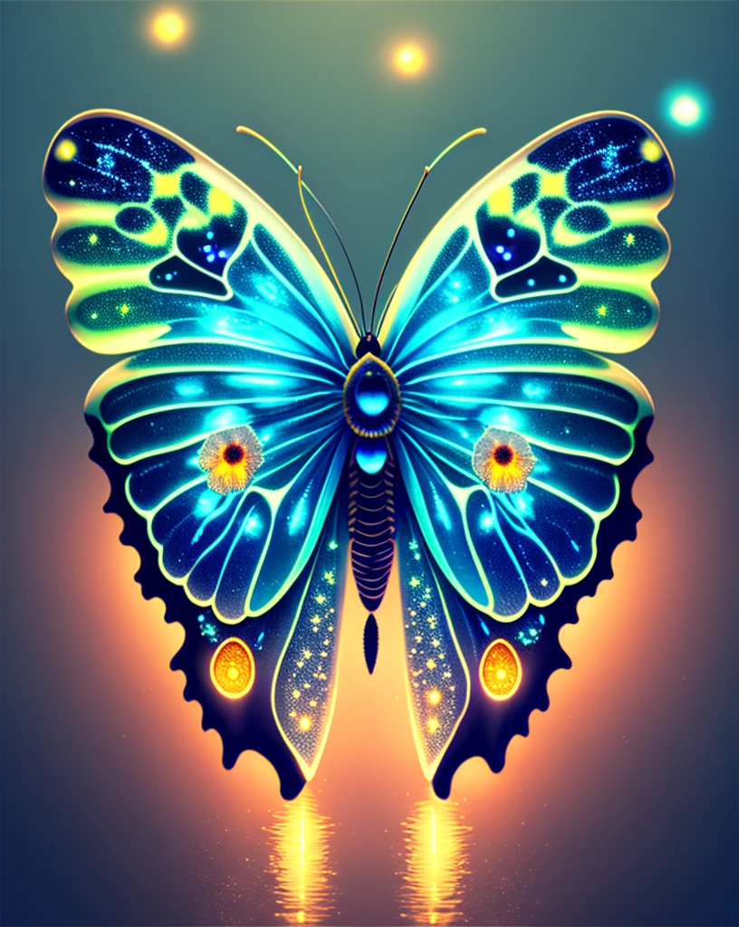 bioluminiscent butterfly on water, fireflies, 4k