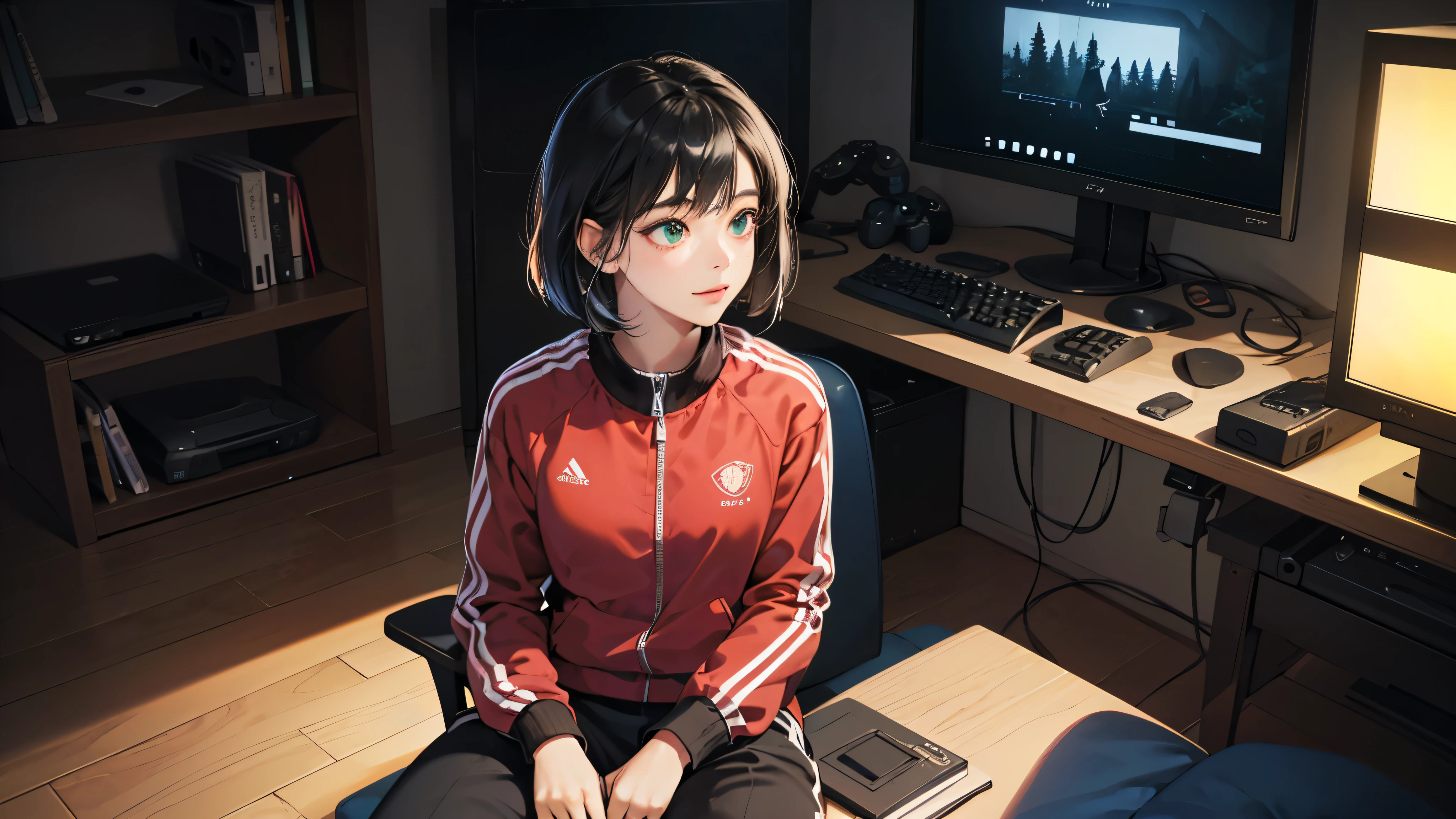 (perfect anatomy:1.2)(absurdres, highres, ultra detailed),masterpiece,best quality,high resolution,8k,Realistic face,Realistic skin texture,magnified textures, stunning clarity,detailed anime girl,(ultra detailed eyes and face),(only 1 girl:1.4)21years old,she is office worker,,black hair, bob cut, No-makeup look,,green school track jacket ,green school track pants,nine inch nails t-thirt,(The chest is visible),11 p.m,sparkling eyes,small nose,roundface,Women's Apartments in japanese suburb,(faint light),(darkness),(midnight),(sitting a gaming chiar:1.4),(happy),