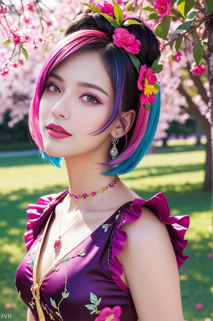 (masterpiece:1.4), (best quality:1.4), ultra high res, ultra high resolution, ((detailed facial features)), HDR, (realistic, photorealistic, photo-realistic:1.37), full body Esbian, sexy swedish model, (-anime), only 1 model, vivid colors, ((vivid colors multicolor (fuchsia, pink, light blue, purple) very short hair)), (seductive smile), lip-gloss, long lashes, defined eyebrows, wearing large sparkling colorful jewelery, wearing a red silk Paradise Kiss cosplay dress with black floral embroidery, ((vivid colors outfit)), vivid colors, look at the camera, cinematic light, large park background with trees, sweet and sexy pose