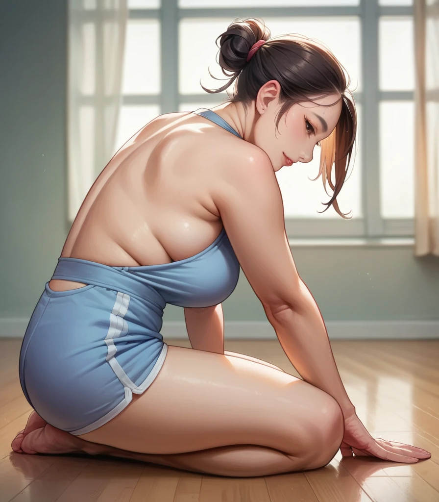 Sexy asian woman, big breasts, backless romper, booty shorts, photo from the side, yoga studio, big area