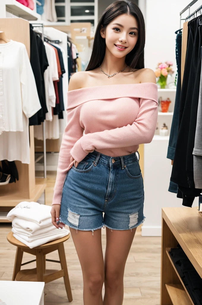 Apparel shop changing room, company employee, ((full body)), ((photo)), ((best qualtiy, 8K, tmasterpiece:1.3)), Focus:1.2, perfect figure beautiful girl:1.4, 1girl, cowboy shot, look at viewer, eyes facing the camera, incredibly absurd, beautiful and cute girl with a photorealistic face, showcasing top-quality craftsmanship, A Japanese woman choosing clothes at an apparel shop, 23 years old, has long, straight, silky black hair, fair skin, big eyes, thin eyebrows, double eyelids, long eyelashes, pink lips, smile, devilish smile, gorgeous features, well-defined facial features, beautiful face line, mysterious beauty, slender, tall, well-balanced proportions, large E-cup breasts, white off-the-shoulder top, denim shorts, wedge sandals, silver necklace and bracelet, pretty girl, beauty, devilish type, pretty older sister, passionate about art, sociable, friendly, positive, has leadership skills, is proactive, is flexible, gets things done efficiently, works hard towards dreams and goals, July