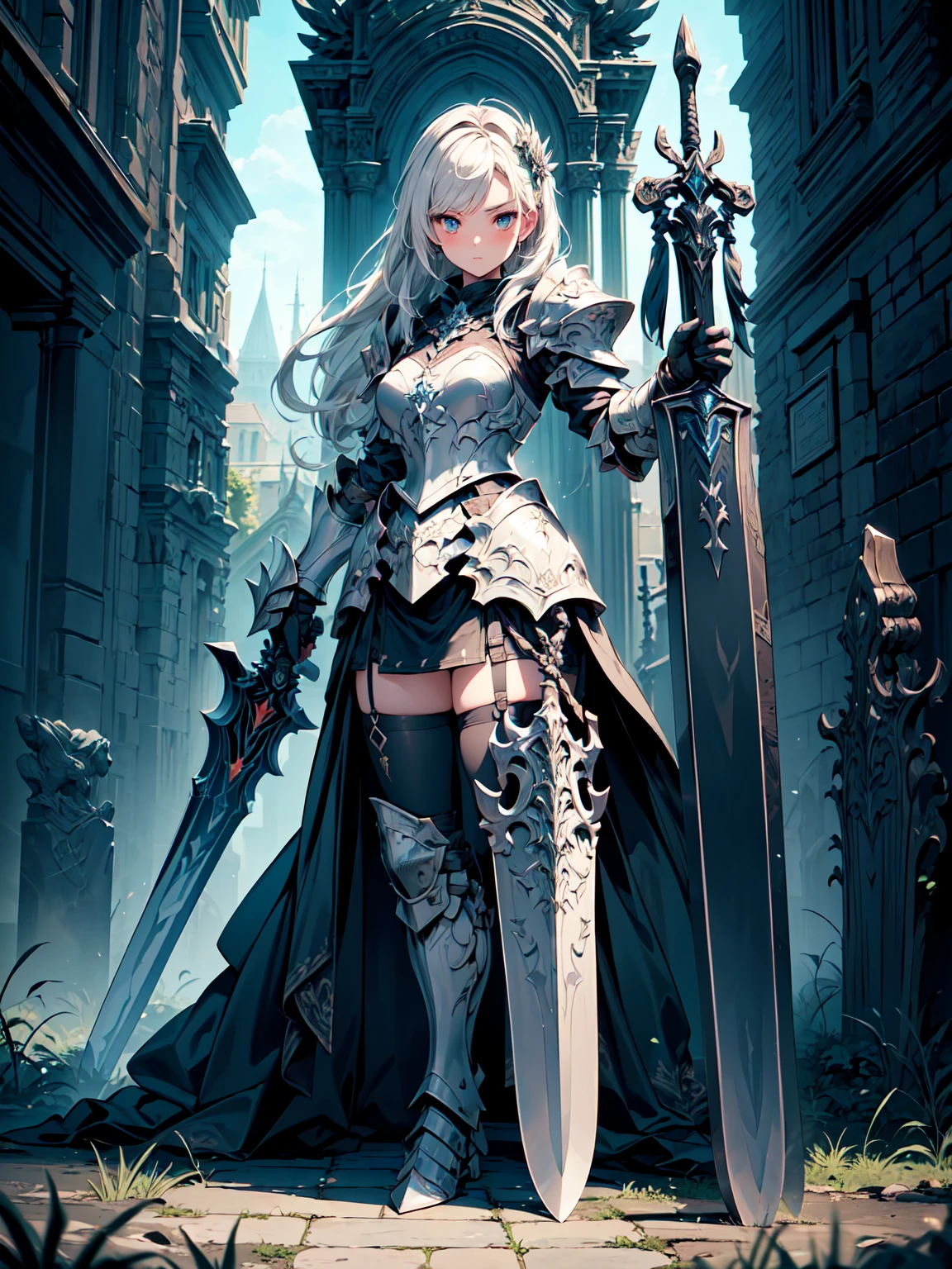 (((masterpiece, best quality, high detailed, 8k))) Design a layout showcase Gaming character, (1girl). Black|Gold armor, stylish and unique. ((showcase weapon:1.4)), dark scythe. (masterpiece:1.2), (best quality), 4k, ultra-detailed. (Step by step design, layout art:1.5), (luminous lighting, atmospheric lighting). necromancer, ((glove full hands)), (((revealing armor:1.3))), vambraces, armored legwear, (((full_body_shot:1.4))). {In a haunted graveyard}.